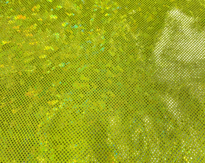 Neon yellow  58/60” Wide Shattered Glass Foil Iridescent Hologram Dancewear 4 Way Stretch Spandex Nylon Tricot Fabric by the yard.