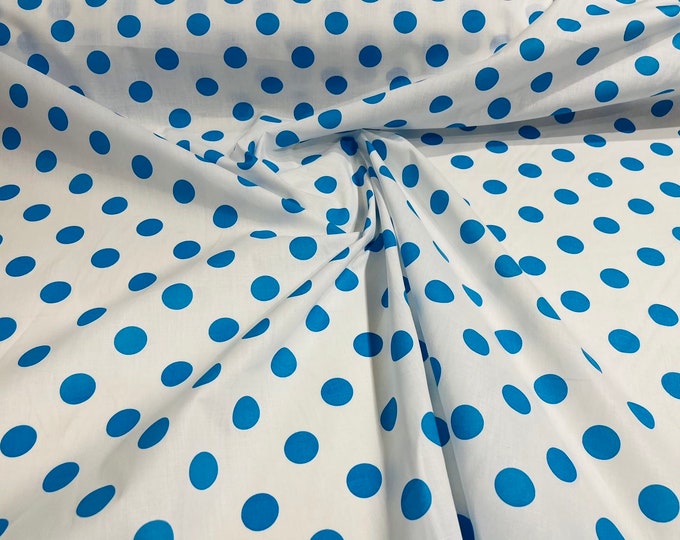 Turquoise dot On White 58" Wide Premium 1 inch Polka Dot Poly Cotton Fabric Sold By The Yard.