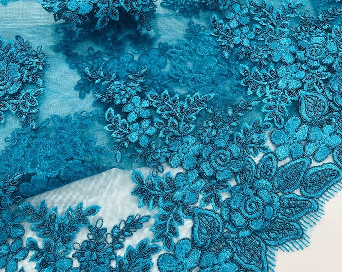 Turquoise corded lace 3d floral embroider sold by the yard.