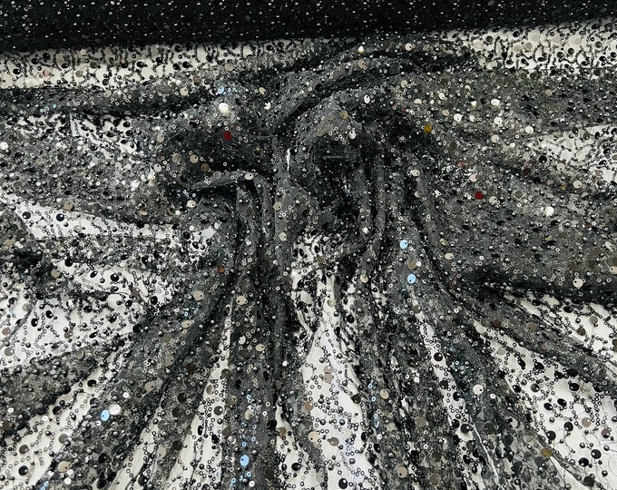 Black heavy hand beaded princess design embroider with beads-pearls-sequins on a mesh lace-sold by yard.