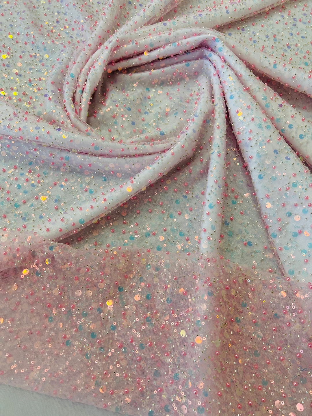 Royalty Fabrics White iridescent heavy hand beaded princess design embroider with beads-pearls-sequins on a mesh lace-sold by yard. main image 1