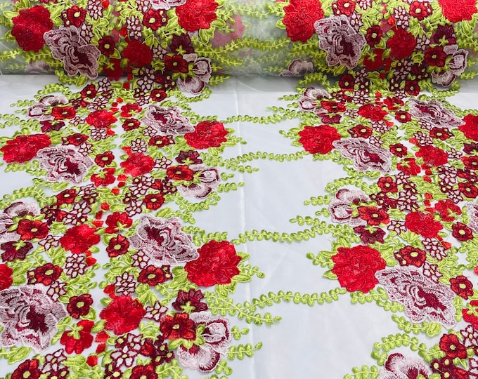 Red roses multi color floral design embroider on a white mesh lace fabric-sold by the yard.