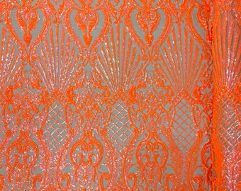 Orange hologram sequin shell damask design on a nude 4 way stretch mesh fabric -prom-sold by the yard.