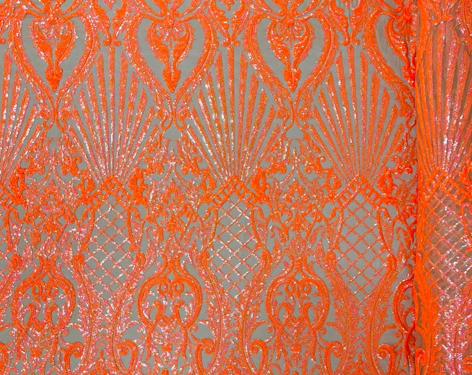 Orange hologram sequin shell damask design on a nude 4 way stretch mesh fabric -prom-sold by the yard.
