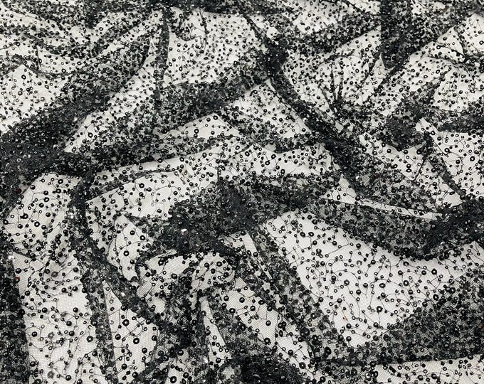 Black All Over Luxury Beaded Mesh with Pearls, Sequins for Wedding Dresses, Prom Gowns