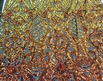 Orange iridescent damask sequin design on a 4 way stretch black mesh-dresses-prom-nightgown-sold by the yard-free shipping in the USA-