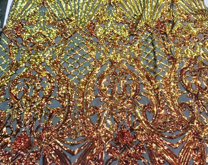 Orange iridescent damask sequin design on a 4 way stretch black mesh-dresses-prom-nightgown-sold by the yard-free shipping in the USA-