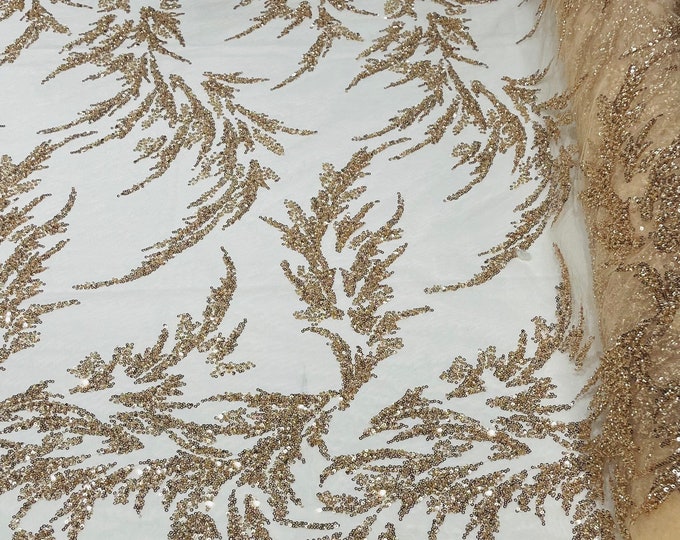 Rose gold elegant hand beaded design embroider on a mesh lace-prom-sold by the yard.