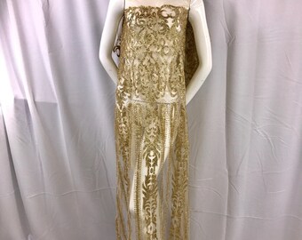 Gold shiny glitter damask design on a mesh lace-prom-decorations-apparel-fashion-nightgown-dresses-sold by the yard.