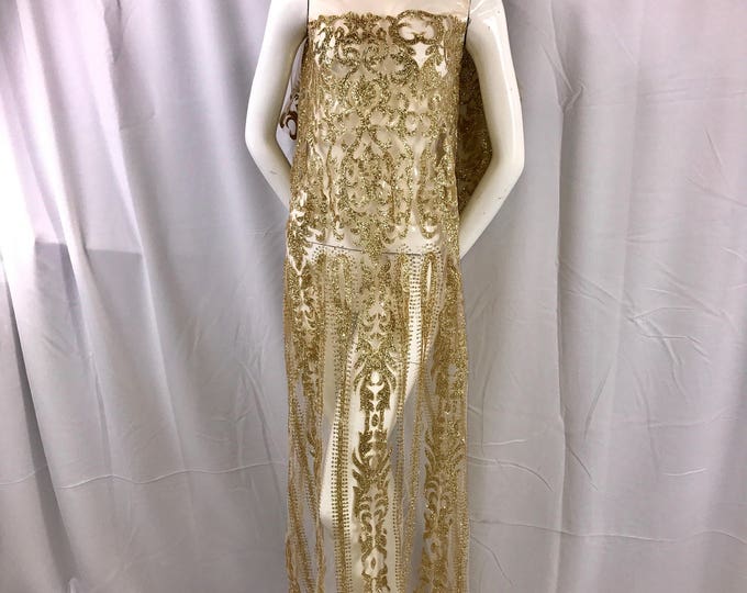 Gold shiny glitter damask design on a mesh lace-prom-decorations-apparel-fashion-nightgown-dresses-sold by the yard.