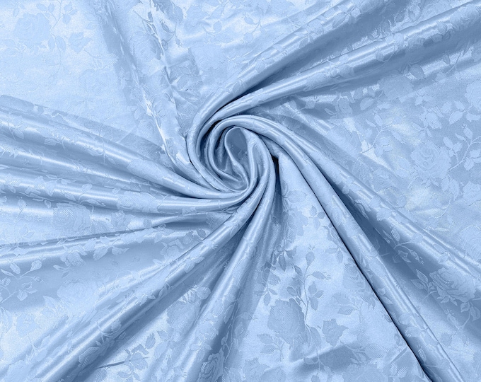 Baby Blue 60" Wide Polyester Roses/Flowers Brocade Jacquard Satin Fabric/Cosplay Costumes, Skirts, Table Linen/Sold By The Yard.