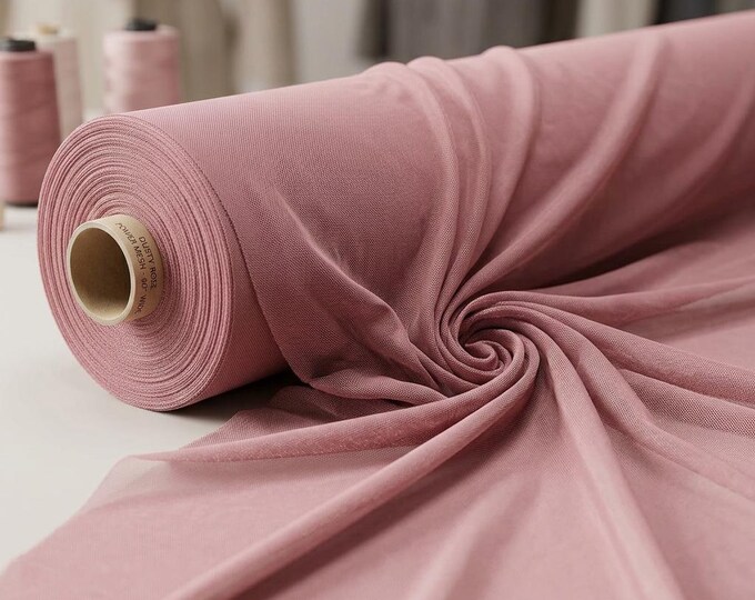 Dusty Rose Stretch Power Mesh Fabric 60” Wide | Sheer Nylon Spandex Mesh by Yard | Blush Pink Mesh for Lingerie Dress Sewing