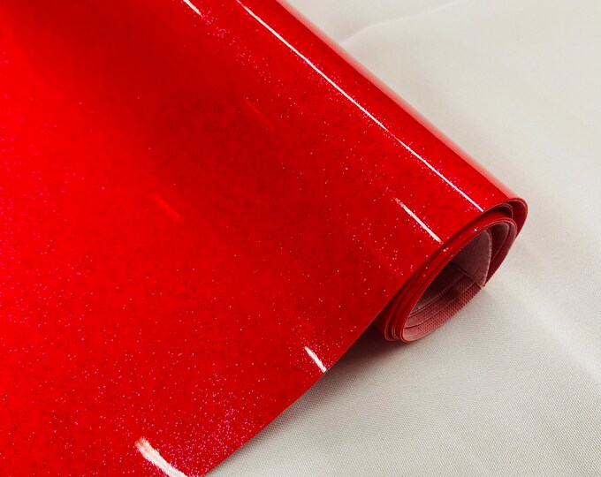 Red 53/54" Wide Shiny Sparkle Glitter Vinyl, Faux Leather PVC-Upholstery Craft Fabric Sold by The Yard.