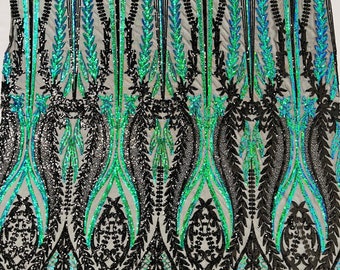 Green iridescent/black Two tone damask design with sequins embroider on a black 4 way stretch mesh fabric-sold by the yard.