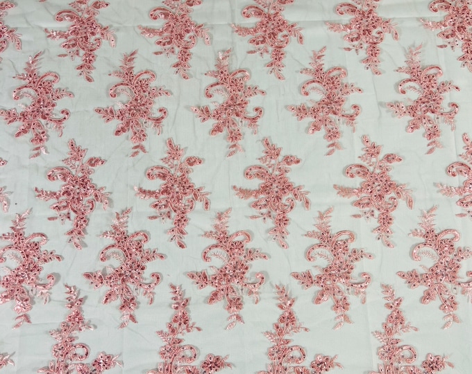 Pink Lex floral design corded and embroider with sequins on a mesh lace fabric-prom-sold by the yard.