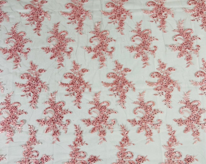 Pink Lex floral design corded and embroider with sequins on a mesh lace fabric-prom-sold by the yard.