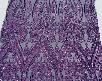 Purple empire damask design with sequins embroider on a Plum 4 way stretch mesh fabric-sold by the yard.