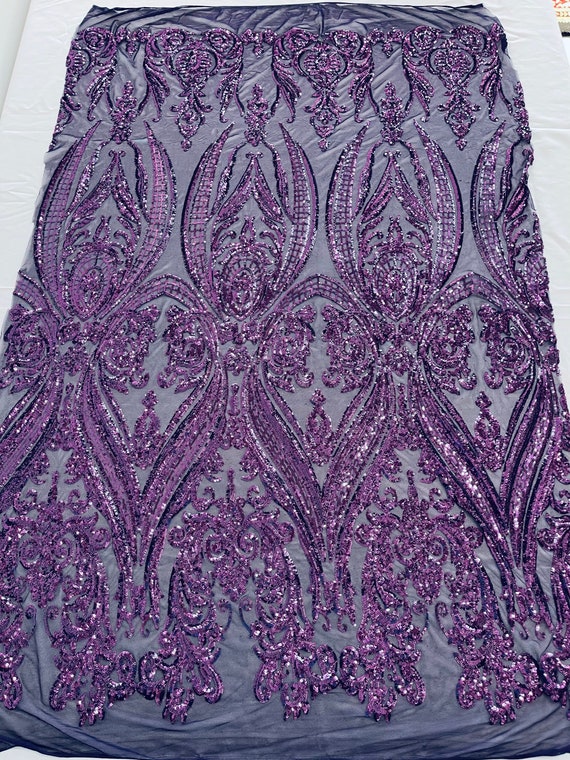 Empire Damask Design with Sequins Embroider On A 4 Way Stretch Mesh Fabric (1 Yard, Navy Blue) main image 1