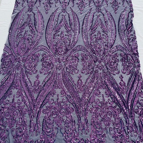 Purple empire damask design with sequins embroider on a Plum 4 way stretch mesh fabric-sold by the yard.