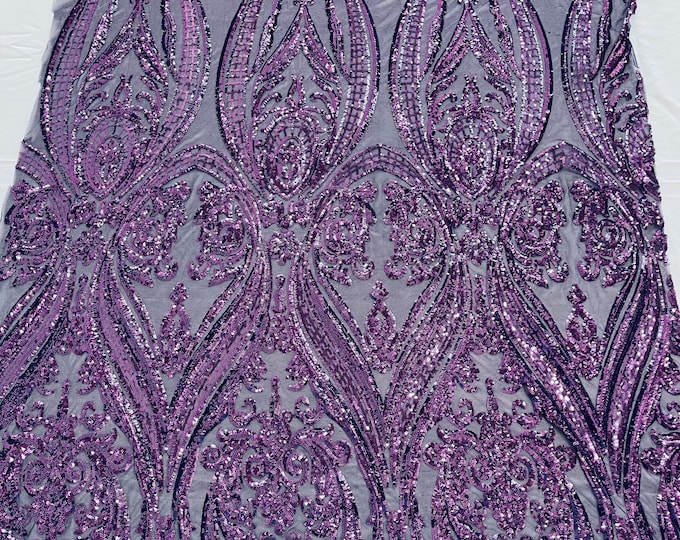 Purple empire damask design with sequins embroider on a Plum 4 way stretch mesh fabric-sold by the yard.