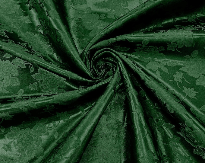 Dark Hunter Green 60" Wide Polyester Big Roses/Flowers Brocade Jacquard Satin Fabric/Cosplay Costumes, Skirts, Table Linen/Sold By The Yard.