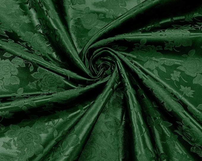 Dark Hunter Green 60" Wide Polyester Big Roses/Flowers Brocade Jacquard Satin Fabric/Cosplay Costumes, Skirts, Table Linen/Sold By The Yard.