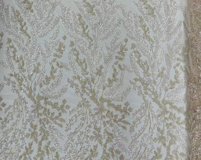 Blush Pink Floral Beaded Lace Fabric /Wedding/Prom/Sequin lace Sold By The Yard.