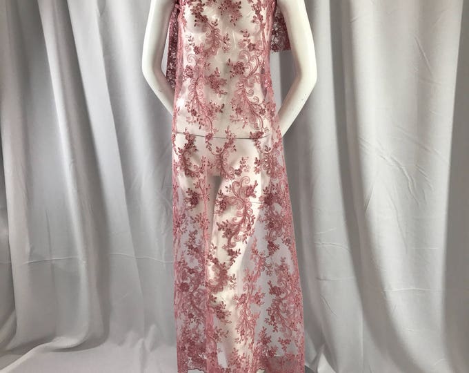 Dusty rose corded french design-embroider with sequins on a mesh lace fabric-prom-nightgown-decorations-dresses-sold by the yard-