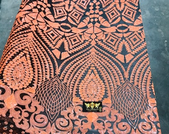 New orange iridescent diamond design with sequins on a black 4 way stretch mesh-prom-nightgown-Sold by the yard