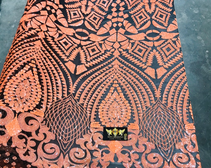 New orange iridescent diamond design with sequins on a black 4 way stretch mesh-prom-nightgown-Sold by the yard