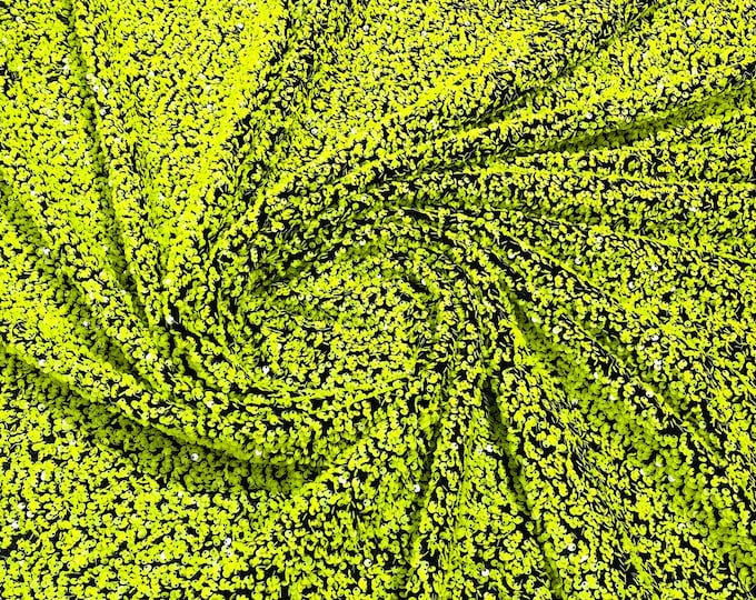 Lime Green / Black stretch velvet with luxury sequins all over 5mm shining sequins 2-way stretch, sold by the yard.