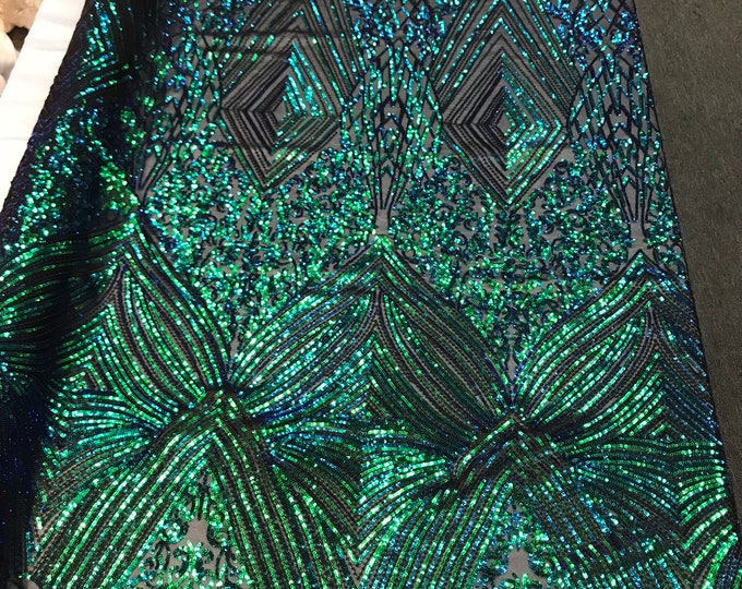 Green geometric diamond design with shiny iridescent sequins on a black 4 way stretch mesh-dresses-prom-nightgown-sold by the yard.