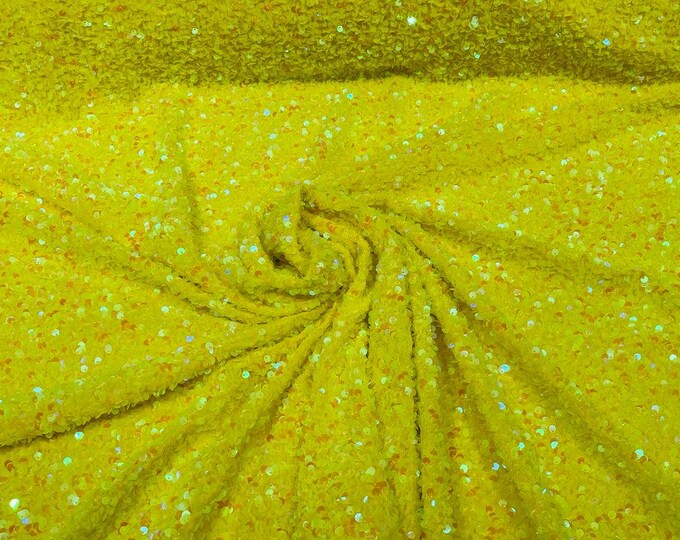 Yellow Iridescent All-Over 5mm Shiny Sequins Stretch Velvet 54" Wide.