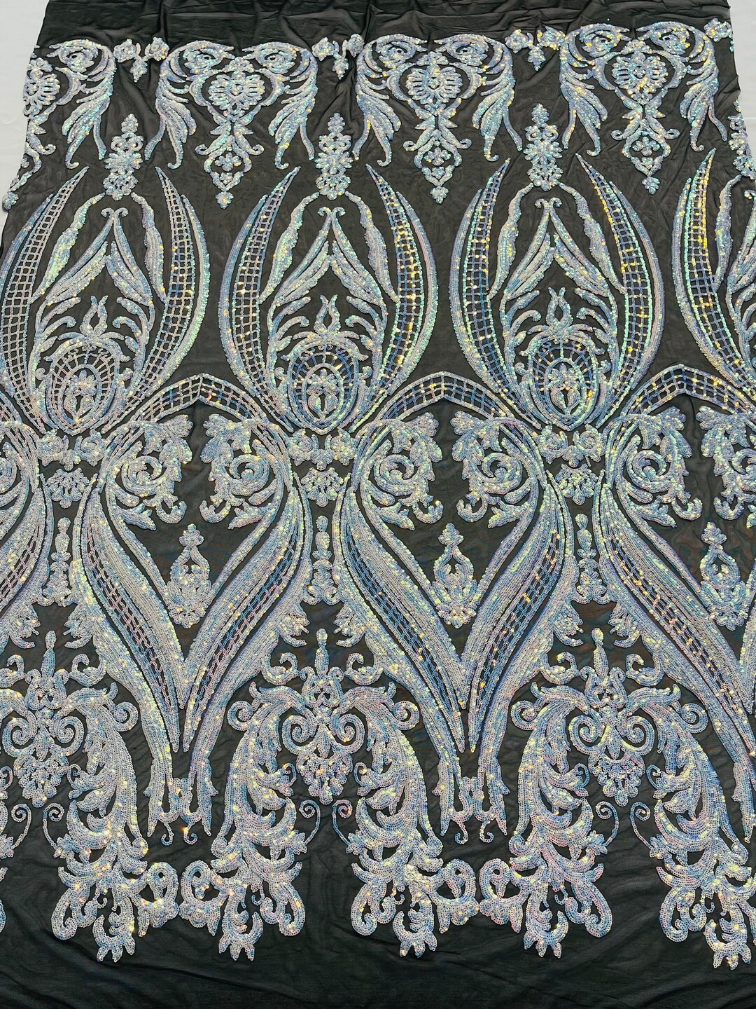Empire Damask Design with Sequins Embroider On A 4 Way Stretch Mesh Fabric (1 Yard, Aqua Iridescent on Black Mesh)