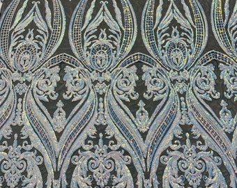 Aqua unicorn iridescent empire damask design with sequins embroider on a Black 4 way stretch mesh fabric-sold by the yard.