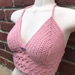 Handmade Light Pink Crochet Halter Crop Top with a Three Stone Charm and Silver Pony Beads