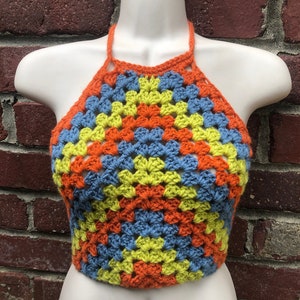 Handmade Chevron Striped Retro Granny Square Crochet Halter Crop Top Blue, Lime Green and Orange