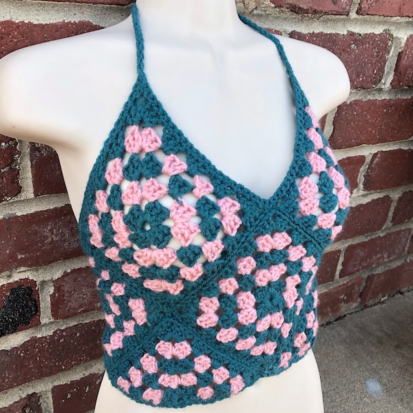 Retro Handmade Crochet Granny Square Halter Crop Tank Top / Pink / Dark Teal Blue