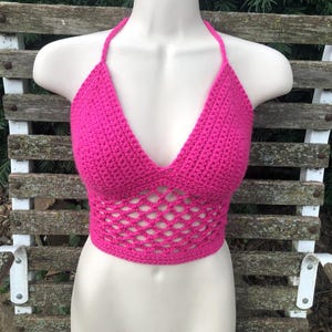 Handmade Fuchsia Pink Fishnet Crochet Halter Crop Top