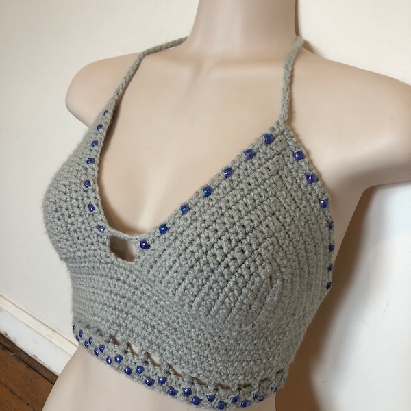 Handmade Crochet Gray Kandi Beaded Crop Halter Top Bralette