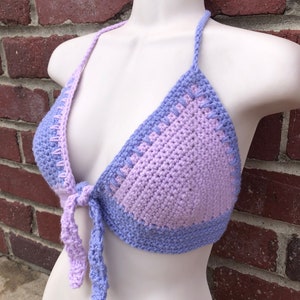 Handmade Two Toned Purple Crochet Halter Bralette Top with Front Tie