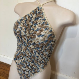 ON SALE Handmade Blue / White / Tan Brown Multicolored Crochet Triangle / Bandana Granny Square Halter Top