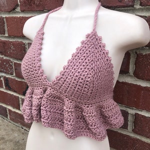Handmade Sparkling Rose Pink Crochet Peplum Halter Crop Top