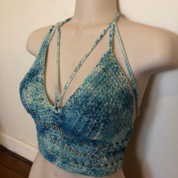 ON SALE * Handmade Tie Dyed Crochet Halter Crop Top / White, Blue and Teal / with Crisscross Straps