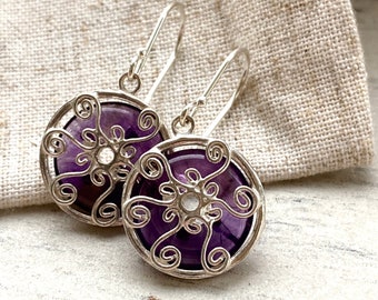 Amethyst and Silver dangle earrings,  whimsigoth purple earrings, handmade silver spiral earrings for her