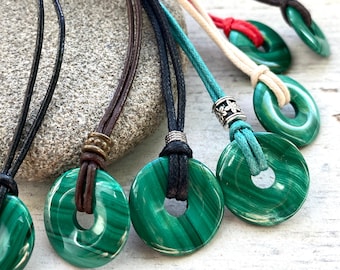 Small malachite necklace for them, AAA quality, adjustable green gemstone necklace, copper, Leather and Cotton anniversary gift, hippie