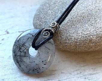 Rutilated quartz donut necklace, mans protection necklace. healing stone, Yoga Pi pendant , leather or Cotton anniversary gift for him