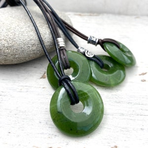 Mans Jade pendant, jade gift for luck, jade donut zodiac necklace, cotton and leather anniversary. AA grade image 4