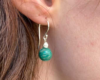 Sea green Amazonite drop earrings, sterling silver blue Green ball earrings,  gift for her.