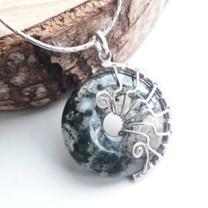 Moss agate and silver necklace, wire wrapped gemstone donut, moss agate pendant.